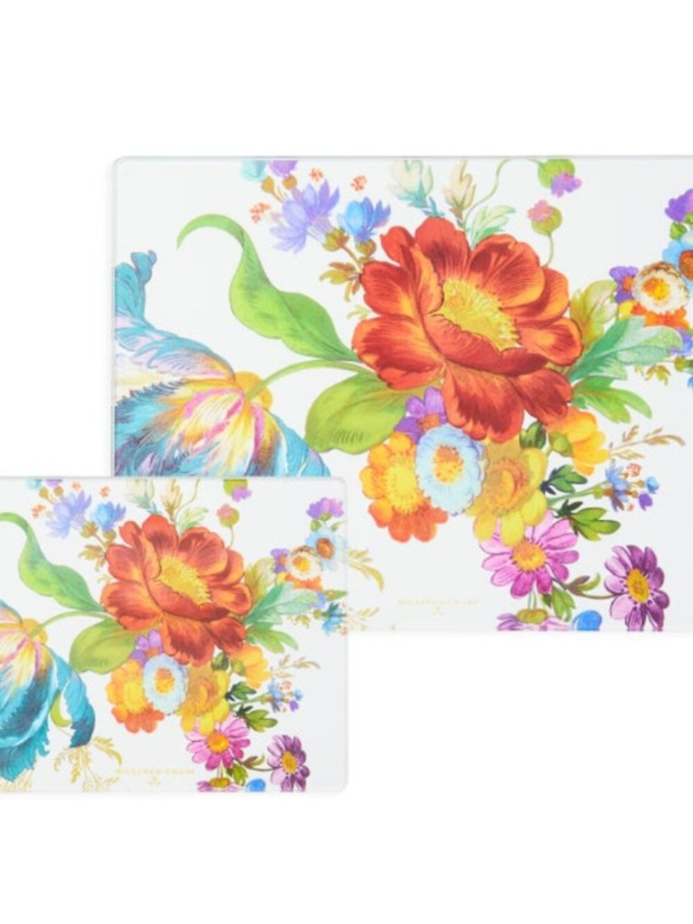 New In Box MacKenzie Childs Flower Market Set Of 2 Glass Cutting Boards